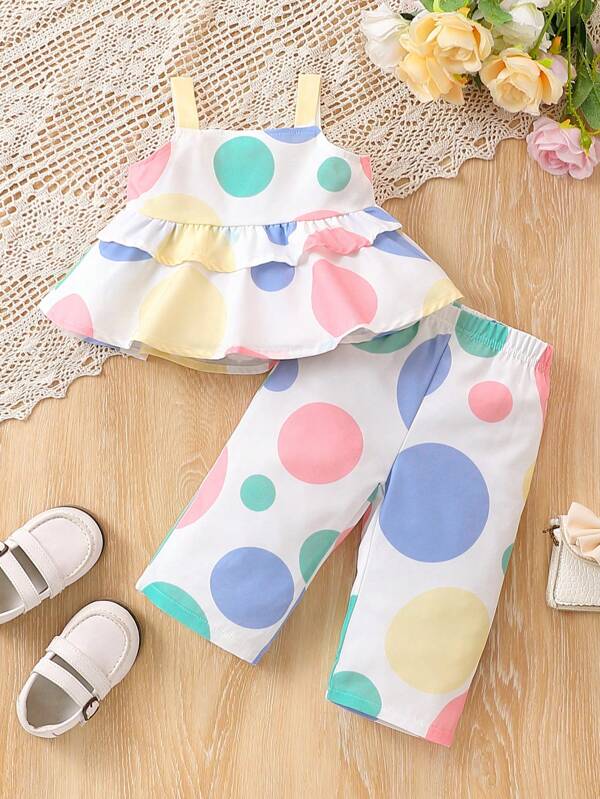 Baby Girl Summer Geometric Printed Patchwork Ruffle Hem Camisole Top And Pants Casual Set