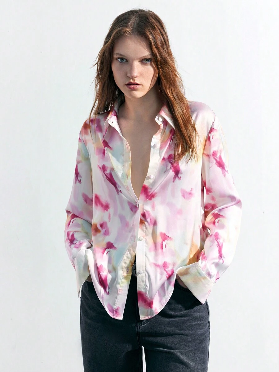 Maija Women's Turn-Down Collar Front Button Tie-Dye Long Sleeve Shirt,Autumn Outfits For Women - Multicolor - View 1