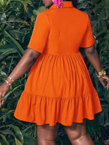 Slaydiva Váy hè thường ngày màu xanh lá cây cỡ lớn có vai thường, eo thắt và viền loe - trái cam - Xem 2