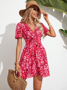 SHEIN Frenchy 女士時尚印花雪紡收腰連袖A字裙