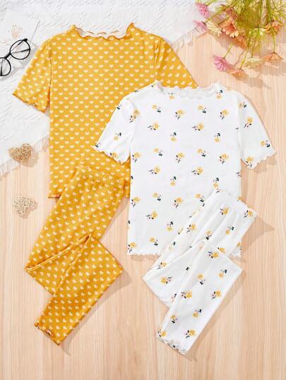 SHEIN Conjunto de pijama de 4 piezas para niña preadolescente con mangas cortas, pantalones largos de ajuste ceñido y tejido de punto cómodo y suave