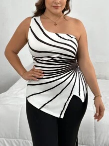 SHEIN Privé 大码优雅无袖黑白光芒四射线条艺术印花修身女式上衣，适合夏季