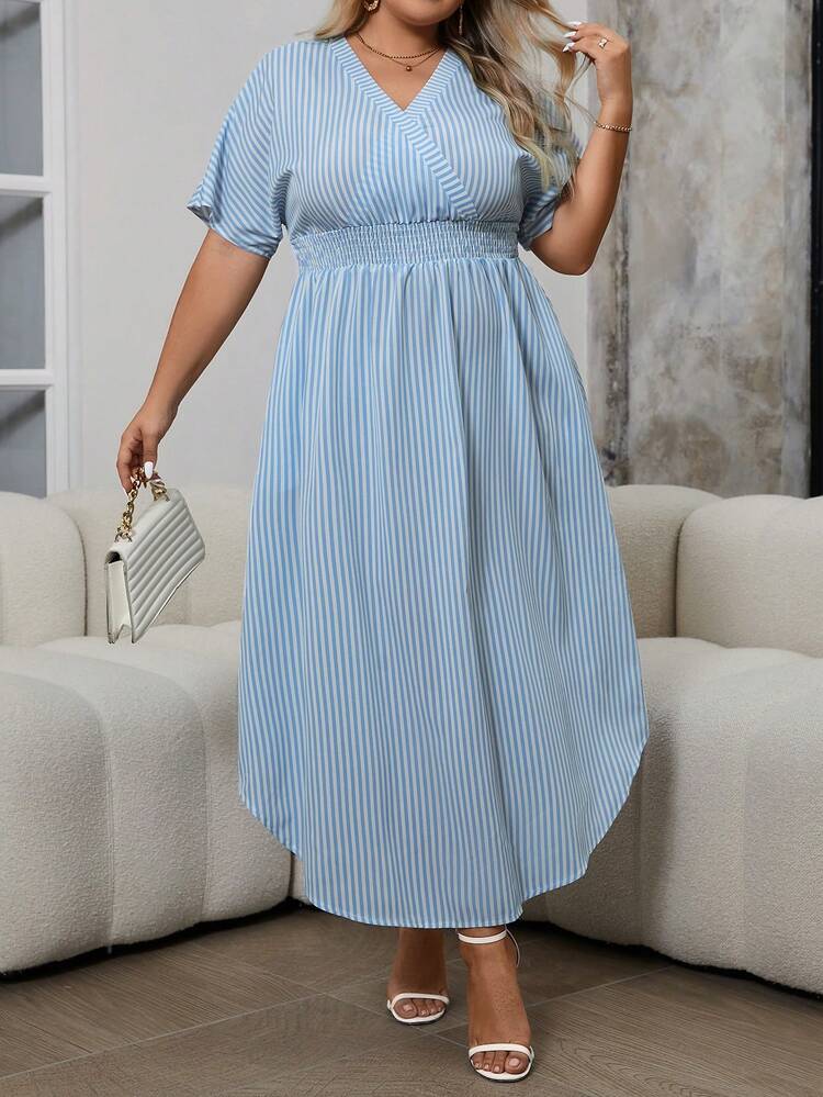 Plus Size Women Waist Cinched Striped V-Neck Summer Dress
