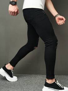 Manfinity Roughcore Men Black Streetwear Ripped Slim Fit Jeans,Summer Holiday Casual Frayed Long Cargo Pants,Stylish Daily Wear Street Party Gifts For Husband Boyfriend - Black - View 6