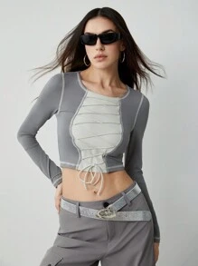 SHEINNeu SHEIINneu Women's Summer Outfits 
Long Sleeves With Contrasting Lace-Up Stitching
T-Shirt - Dark Grey - View 7