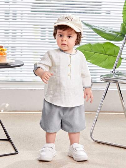 SHEIN 嬰兒男女休閒簡約拼接短袖襯衫彈性腰短褲套裝