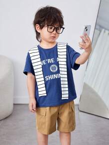SHEIN Young Boy Casual Short Sleeve Knit T-Shirt With Letter Print, Solid Color Patch Pocket Woven Shorts And Striped Knit Shrug Three-Piece Set