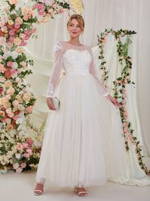 女士婚禮船領蕾絲網疊層拼接連衣裙 - 香檳色 - 查看 7