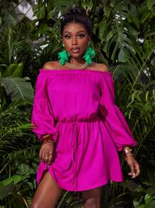 Slaydiva New Short Off Shoulder Lantern Sleeve Solid Color Dress With Drawstring Waist And Pocket Details - S