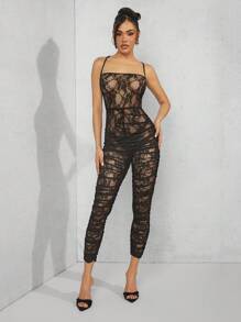 Hauture Lace Ruched Backless Cami Unitard Jumpsuit - Black - View 3