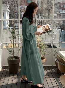 DAZY Women Round Neck Solid Color Loose Mid-Length Dress,Ruffle,Fall Women Clothes