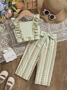 SHEIN Vintaside Kids Baby Girls' Summer Sage Green Vacation Holiday Funny Geometric Print Two-Piece Set,Woven Stripe Jacquard Spaghetti Strap Top And Wide Leg Pants - Multicolor - View 7