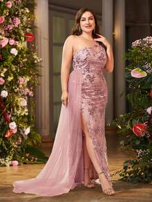 Double Crazy Plus Size Women's Elegant Mesh Shoulder Slit Party Dress With One Shoulder Strap Formal Evening Prom Wedding Guest Gown, For Graduation, Dinner