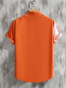 Manfinity RSRT 男士休闲拼色植物棕榈树图案印花短袖领衬衫，适合夏季、度假