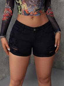 SHEIN ICON Pantalones cortos de mezclilla rasgados de ajuste delgado de unicolor para el verano