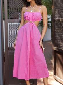 Soleia 女士休閒度假鏤空腰部吊帶洋裝搭配金屬環裝飾