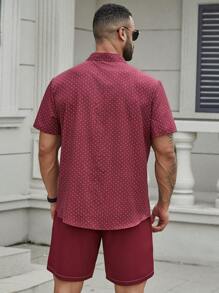 Manfinity Homme Men Plus Size All-Over Print Short Sleeve Shirt And Shorts Set, Summer - Burgundy - View 2