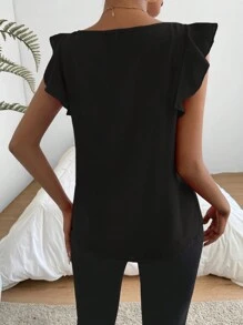 SHEIN Privé Áo sơ mi nữ cổ chữ V viền ren có mũ - màu đen - Xem 2