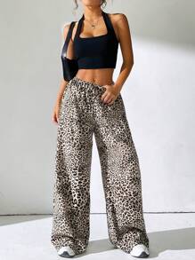 SHEIN EZwear Pantalones Largos Para Mujer Con Estampado De Leopardo Y Cordón De Ajuste