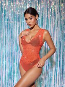 Zolique 女性性感淺棕色假珍珠V領無袖薄透連身衣，夏季時尚熱賣 - 紅木色 - 查看 3