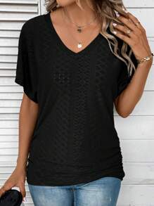 SHEIN LUNE Ladies" Solid Color Casual V-Neck Short-Sleeved T-Shirt For Daily Wear In Spring And Summer - Black - View 5