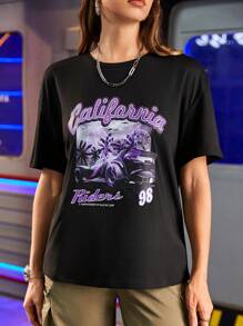 SHEIN Sports Women Summer Casual Loose Car And Letter Print Short Sleeve T-Shirt