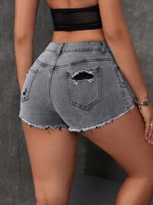 SHEIN ICON 女性休閑牛仔短褲，帶口袋，撕裂細節，磨損邊緣 - 淺灰色 - 查看 3
