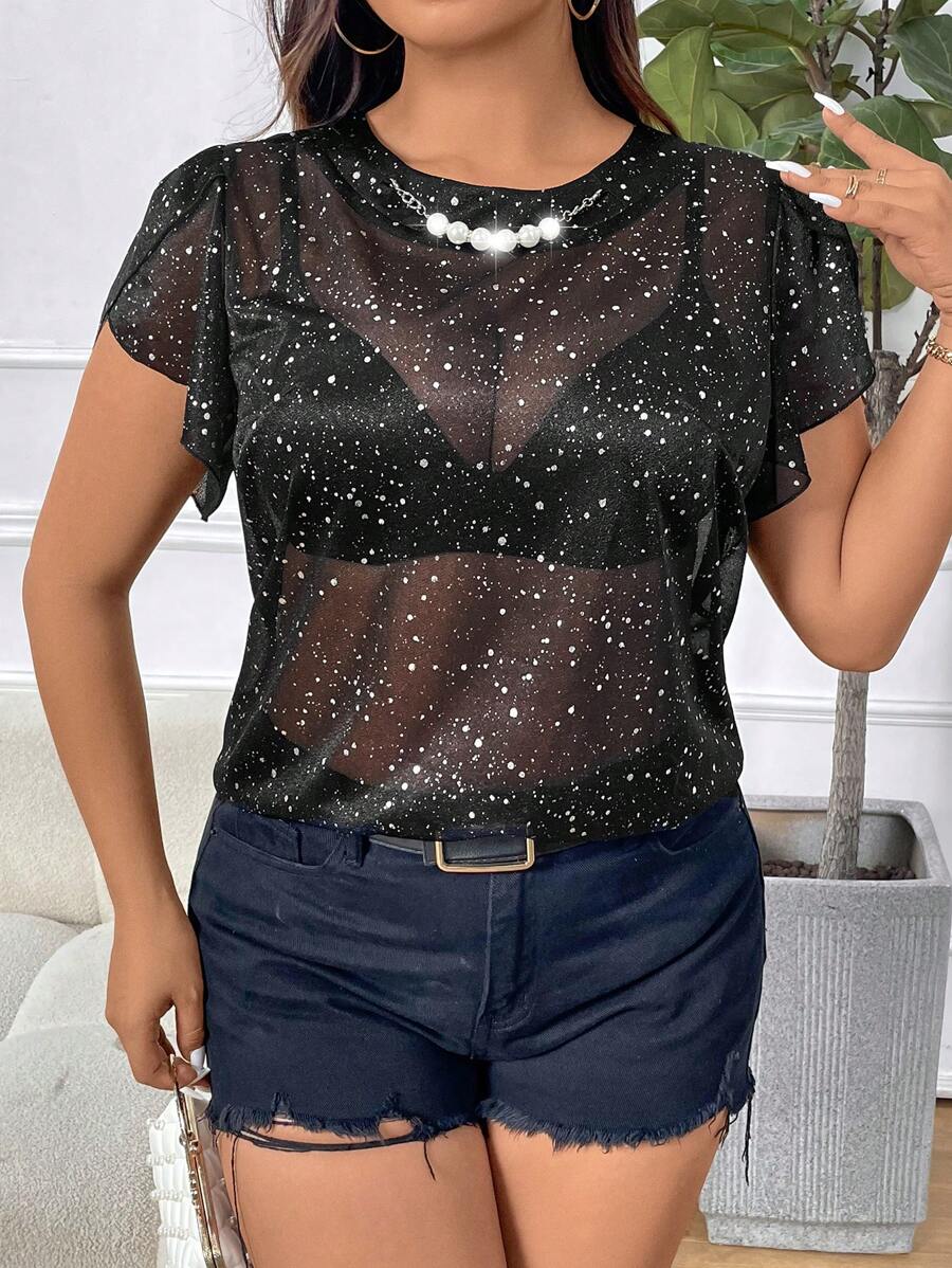 Calvaya 大尺碼性感透視波點印花花瓣袖夏日襯衫 - 黑色 - 查看 1