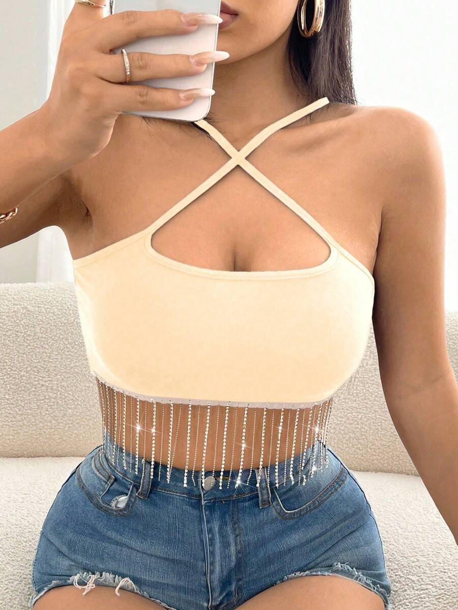 SHEIN Unity Summer Fashion Short Crop Top With Rhinestone Strap And Chain Detail Hem - Beige - View 1