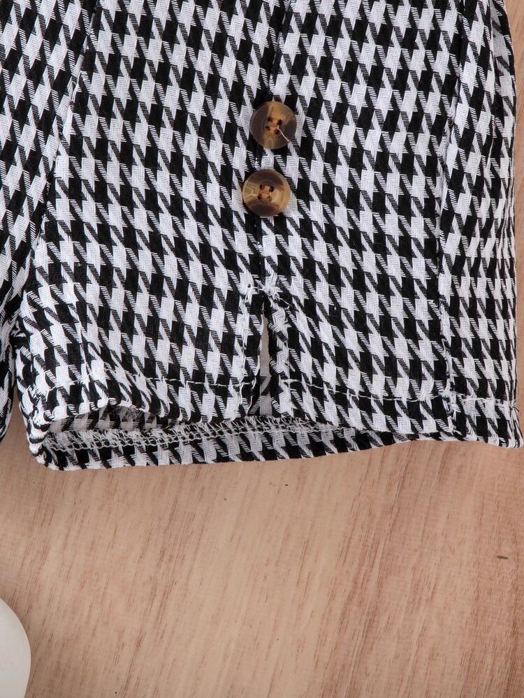 Baby Girl Round Neck Ribbed Solid Color Top + Gingham Printed Shorts Outfit