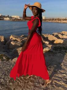 Slaydiva Vacation Cap Sleeve Whipping Camisole Top And Long Layered Summer Skirt - Red - View 2