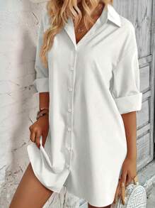 INAWLY Women Solid Color Simple Style Button-Up Daily Shirt