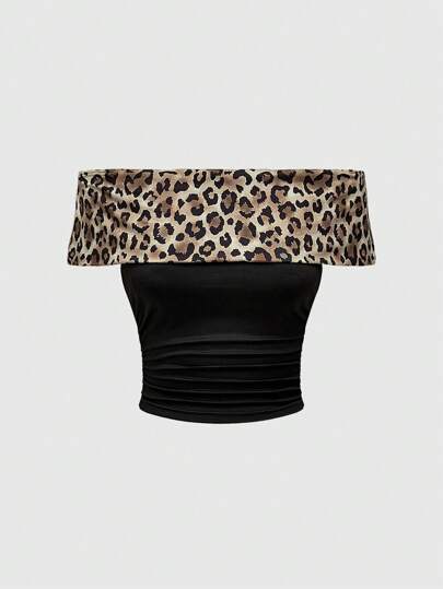 Grunge Punk Y2K Hot Girl Leoparden-Muster Crop Top mit Kragen, Taillenraffung und rüschendetails, Off-Shoulder Ausschnitt