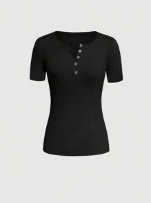 INAWLY Camiseta casual de verano para mujer de manga corta con cuello redondo, unicolor, media hilera de botones y tapeta