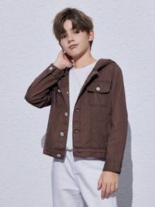 SHEIN 男孩連帽翻蓋口袋牛仔夾克 - 卡其色 - 查看 4