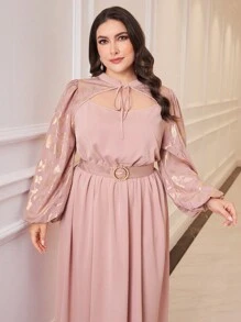 Modelyn Plus Size Women\ Belt Decorated Hollow Out Elegant Dress - Pink - View 3