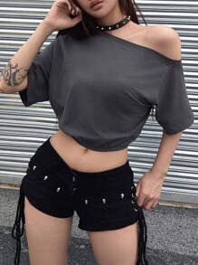 DAZY Women's Oblique Shoulder Short-Sleeved T-Shirt, Short Length Summer,Crop Tops Women,Off Shoulder Top Preppy Tops - Dark Grey - View 3