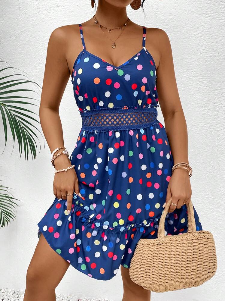 SHEIN VCAY Váy hai dây đi biển màu trắng chấm bi mùa hè dành cho nữ - Nhiều màu - Xem 5