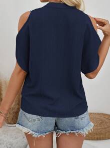 SHEIN LUNE Ladies' Solid Color Everyday Wear Spring/Summer Blouse,Casual - Navy Blue - View 2