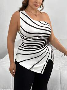 SHEIN Privé 大码优雅无袖黑白光芒四射线条艺术印花修身女式上衣，适合夏季