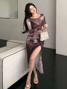 DAZY 女士扎染网纱长袖连衣裙，返校季服装，秋季连衣裙/长裙 - 棕色 - 查看 4