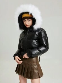 SHEIN Tween Girl 毛绒装饰连帽夹棉大衣 - 黑色 - 查看 7