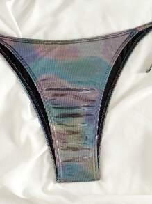 SHEIN Swim 细肩带拼色比基尼套装，带圆环装饰，非常适合夏季度假海滩穿着 - 黑色 - 查看 8