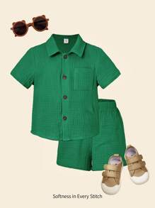 Cozy Pixies Baby Jungen Einfarbiges Hemd Und Shorts Set - Grün - Übersicht 1