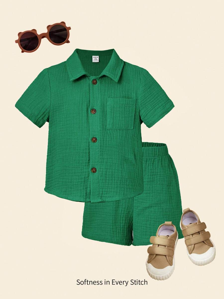Cozy Pixies Baby Jungen Einfarbiges Hemd Und Shorts Set - Grün - Übersicht 1