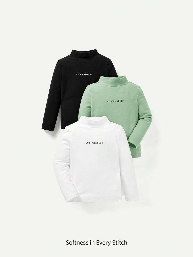 3pcs Baby Boys' Letter Printed Turtleneck Long Sleeve Tops Set