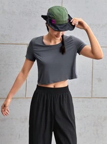 SHEIN Sports 户外露营徒步城市通勤健身瑜伽休闲运动速干露背T恤 - 深灰色 - 查看 6