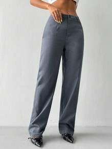 Flirla 純色拉鍊設計斜口袋直筒西裝褲 - 深灰色 - 查看 4