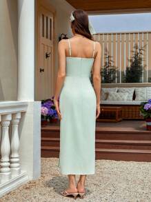 GENKIRA Áo dài nữ có cổ lủng lẳng màu xanh nhạt, xẻ cao, ôm vừa, ôm eo và buộc chéo sau lưng - màu xanh lá - Xem 3