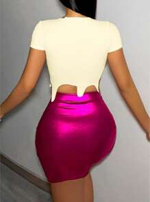 Zolique Women Asymmetrical Hem Chain Casual Daily Spring/Summer Short Sleeve T-Shirts - Beige - View 2